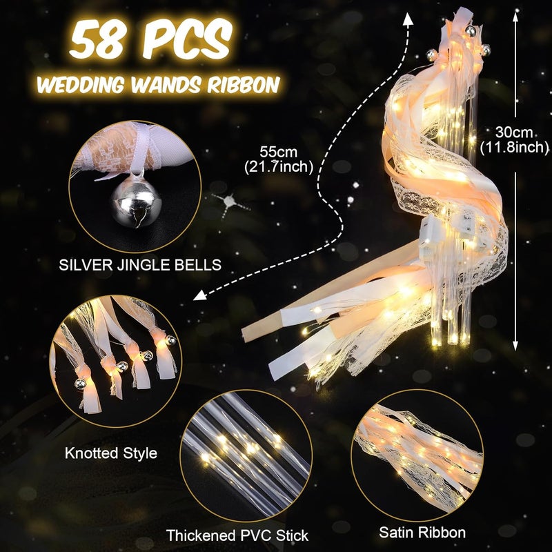 HONLYNE 58 PCS Wedding Wands with Lights,Fairy Wands, LED Silk Fairy Wand with Bells for Wedding Send Off, New Year, Raves, Concert, Birthday - Image 2
